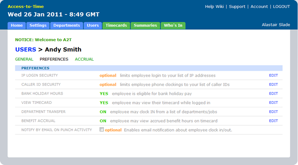 employee setup preferences